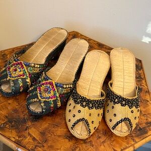 Women’s Vintage Beaded Sequin Rattan Peep Toe 
 Wedge Espadrilles, size 7-7.5